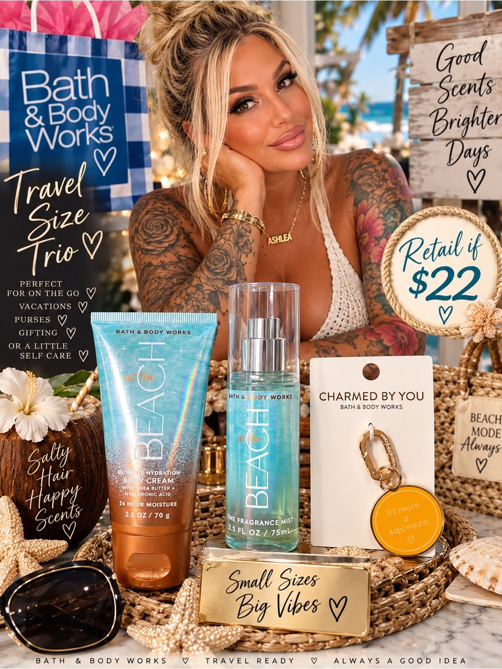 Bath & Body Works BEACH Travel Size Trio - Turquoise and Gold Accents